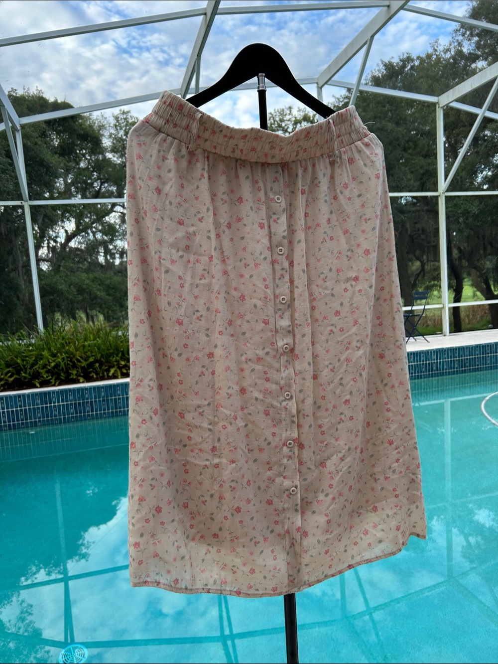 Angels L Cream Lined Midi Skirt with Pink Floral Print